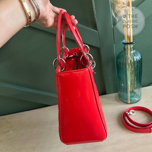 ❌SOLD❌EUC Christian Dior Lady Medium Patent Red Orange Silver HW - Picture 3 of 16